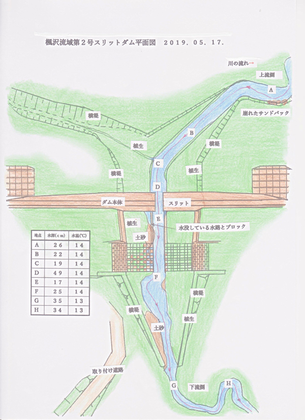 楓沢流域第2号スリットダム平面図（2019年5月17日）